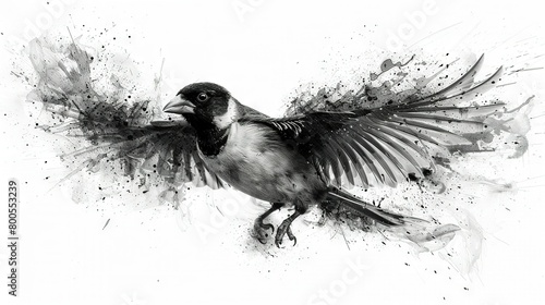  A monochrome depiction of a bird with spread-out wings and ink splatters against a white background