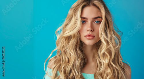 A blonde woman model with long hair is standing in front of a blue background