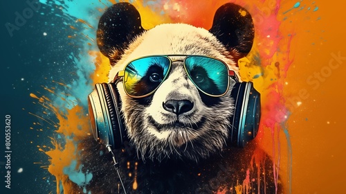 acid Pop colorful panda wearing Headphones and sunglasse.