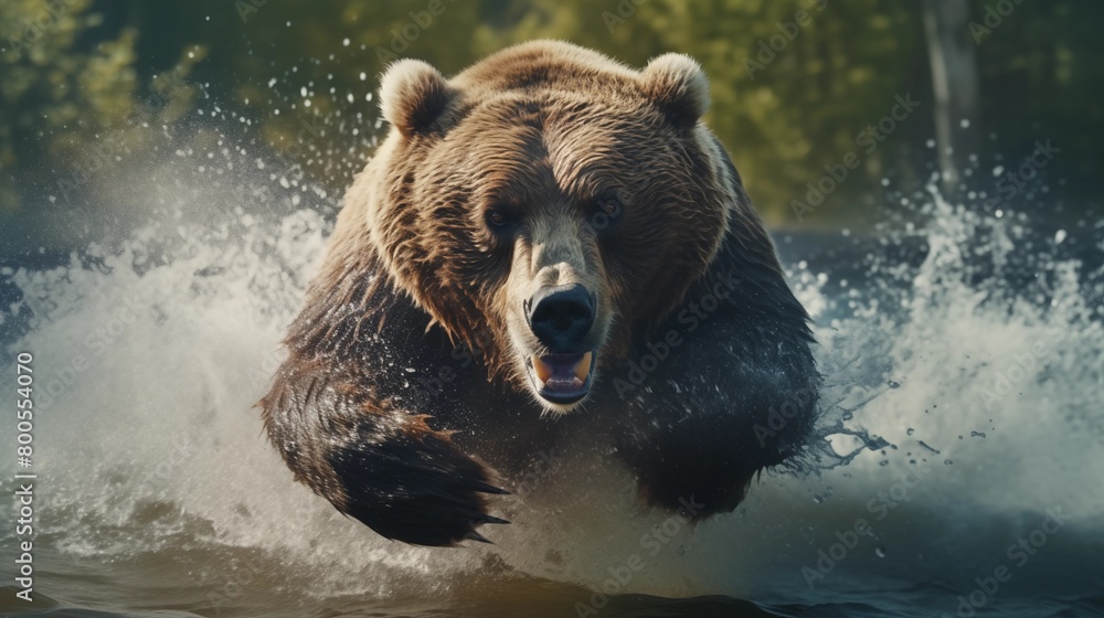Angry grizzly bear in rage sprinting in water towards camera. Angry grizzly bear in rage sprinting in water towards camera.