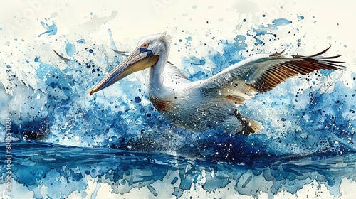   A painting portrays a pelican soaring above a water body, holding a fish in its beak photo