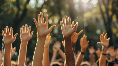 personas en equipo manisfestandose alzando sus manos para ejercer su voto y su participacion la democracia voluntarios 