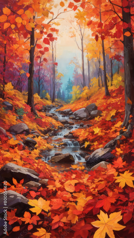 Vibrant depiction of autumn leaves in a forest setting, showcasing the rich colors of the changing season. Vibrant depiction of autumn leaves in a forest setting, showcasing the rich colors of the changing season.