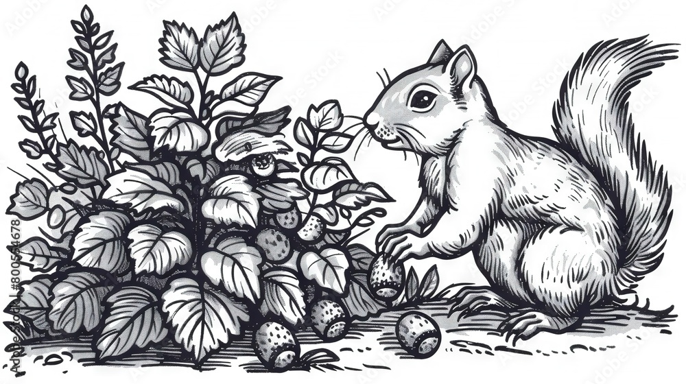 Fototapeta premium Black & white illustration of a squirrel gathering berries from a bush surrounded by foliage