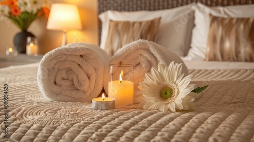 cozy, dimly lit bedroom adorned with candles and flowers delicately arranged on the nightstand, evoking an enchanting atmosphere perfect for Valentine's Day.