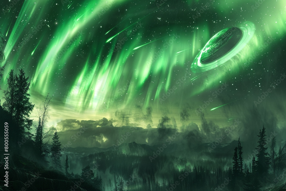 A breathtaking aurora borealis caused by particles from an asteroids tail, with UFOs blending into the natural light show 
