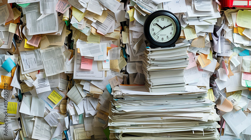 The concept of Information Overload - Piles of Paper, and an Overflowing Wall of Post It Notes. photo