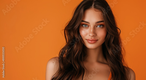 A brunette woman model with long hair is standing in front of a orange background