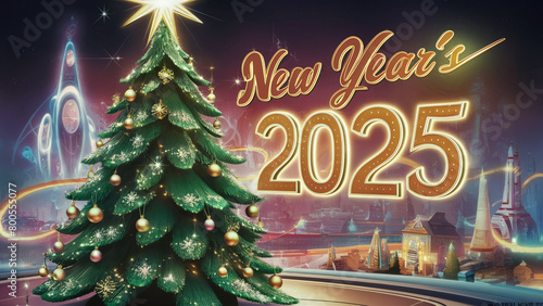 New Year banner in rustic style, Happy New Year 2025 poster. ,  Christmas balls, New Year tree against the backdrop of a fabulous city,  illustration
