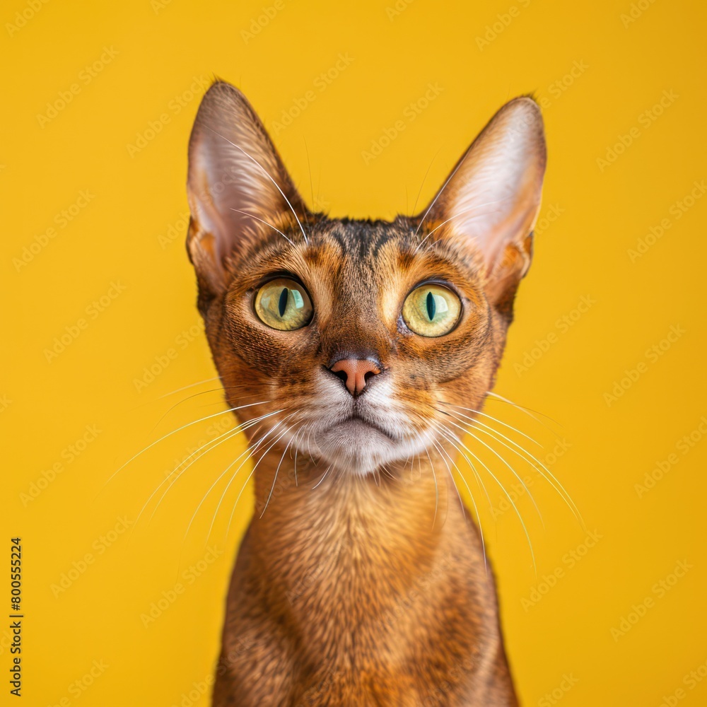 Bold and colorful, this Abyssinian cat's portrait stands out with its large ears and golden eyes against a yellow backdrop