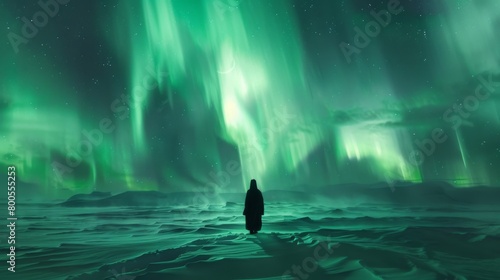 A lone traveler standing in awe beneath the shimmering curtains of the aurora borealis, lost in the magic of the Arctic night.