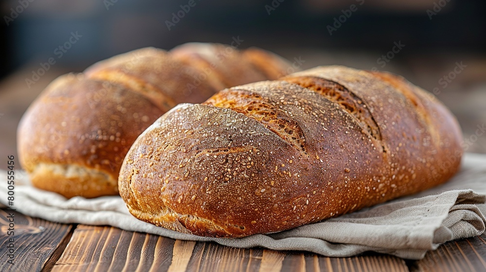 Two loaves of bread resting atop a cloth on a wooden table Two loaves of bread resting atop a cloth on a wooden table