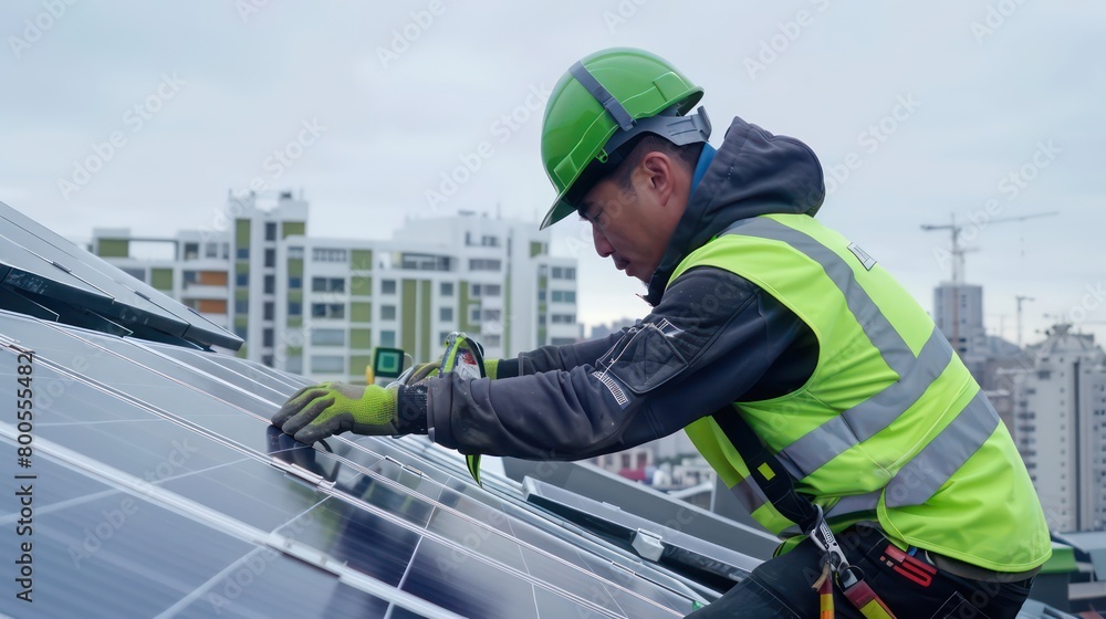 engineer in a rooftop working on solar panels with safety gear engineer in a rooftop working on solar panels with safety gear