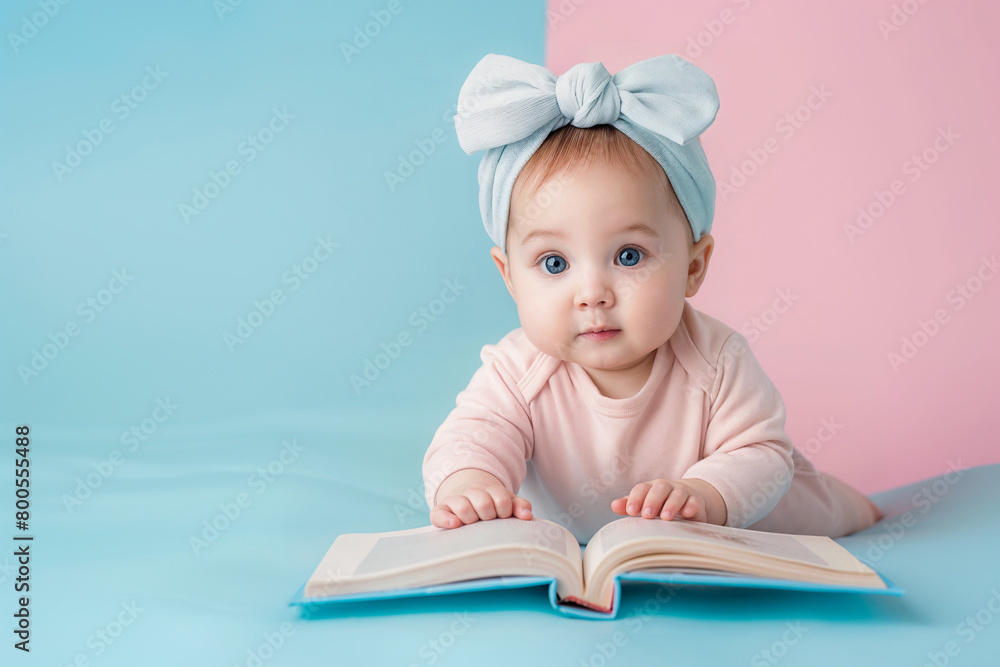Little baby girl wearing blue bow and reading book on pink backround. Little baby girl wearing blue bow and reading book on pink backround.