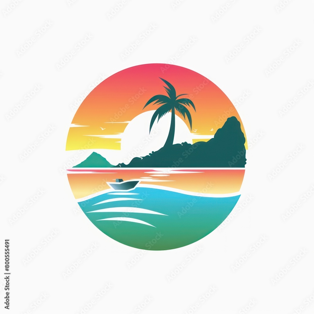 Logo with sea, beach, palm tree and sun on a white background, simple and flat design.