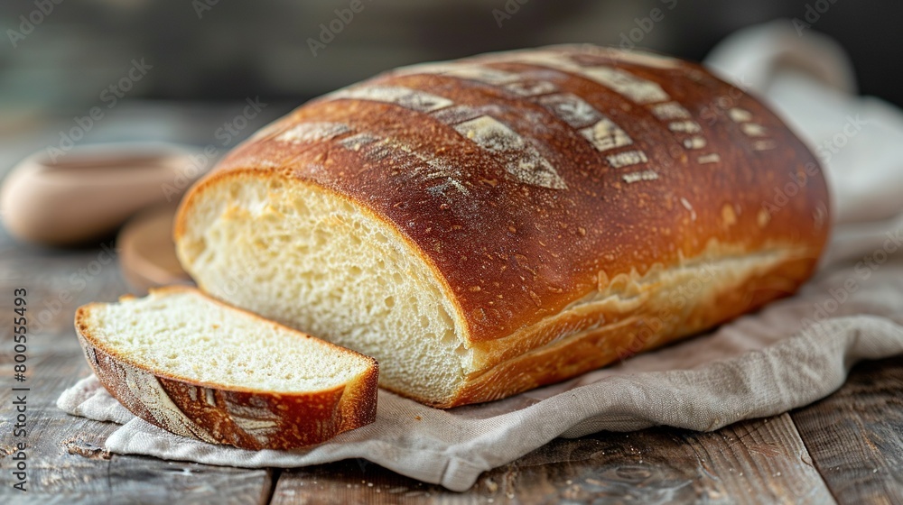   A slice of bread with a bite missing sits atop a wooden table, accompanied by an entire loaf