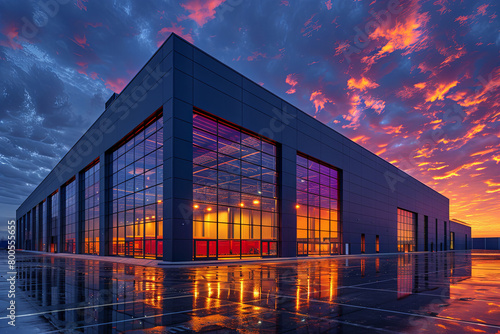 The fiery sky of sunset reverberates against the large windows of a contemporary warehouse complex with reflection photo