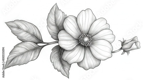  Drawing of a BW Flower on Stem with Leaves and Buds