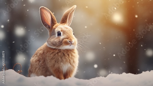 brown rabbit coated with fresh snowflakes sitting against a backdrop of softly blurred winter woods.