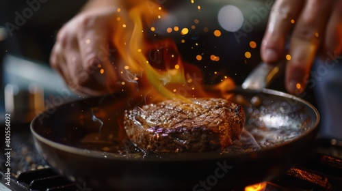 Close-up of a steak being cooked with flames flaring up in a frying pan, showing the concept of heat in cooking