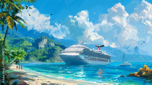 A majestic cruise ship anchored in a tropical bay, passengers disembarking to explore exotic shores photo