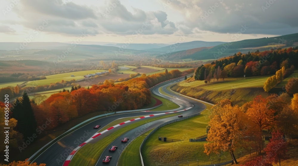 A majestic drone shot capturing the vastness of a racing circuit surrounded by picturesque scenery, with cars racing through nature's playground.