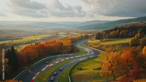 A majestic drone shot capturing the vastness of a racing circuit surrounded by picturesque scenery  with cars racing through nature s playground.