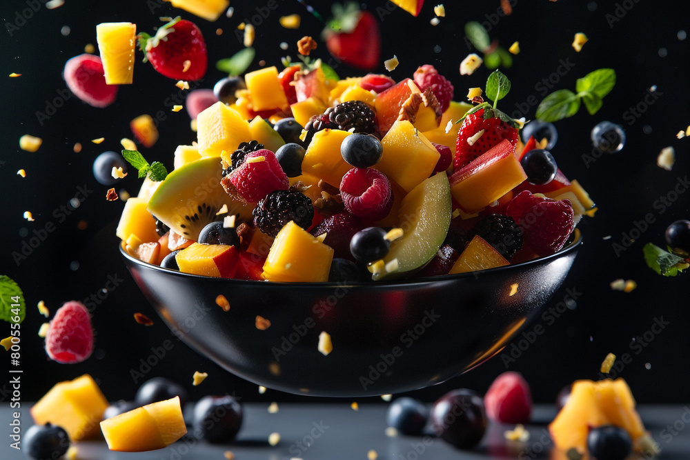 A burst of exotic fruits around a bowl of tropical fruit salad, Flying Food shot, studio lighting A burst of exotic fruits around a bowl of tropical fruit salad, Flying Food shot, studio lighting