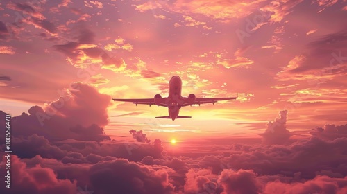 A majestic passenger airplane soaring through a vibrant sunrise sky, symbolizing the freedom and adventure of air travel.