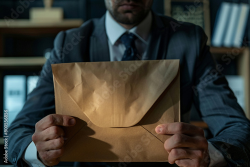 A businessmans slumped shoulders in a dim office, holding an open brown envelope, termination letter peeking out  photo