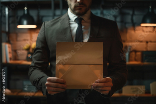 A businessmans slumped shoulders in a dim office, holding an open brown envelope, termination letter peeking out  photo