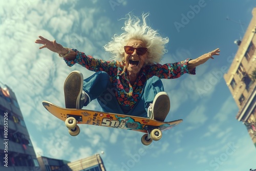 Senior woman with white hair skateboarding in city
