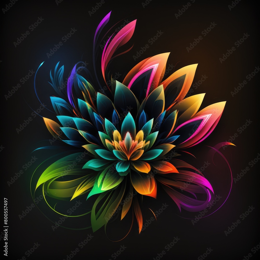 a closeup abstract flower with glowing petals and a dark,abstract background, neon-inspired design of a colorful a closeup abstract flower with glowing petals and a dark,abstract background, neon-inspired design of a colorful