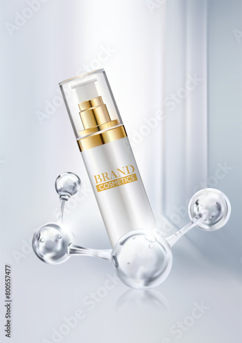 Beauty cosmetic ads.Molecule cosmetic.Molecular and DNA chemical formula.Cosmetics bottles mockup banner. Realistic 3d vector