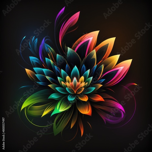 a closeup abstract flower with glowing petals and a dark,abstract background, neon-inspired design of a colorful