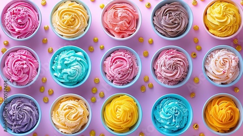   A collection of colorful cupcakes in blue bowls, set against a pink backdrop and adorned with golden sprinkles © Anna