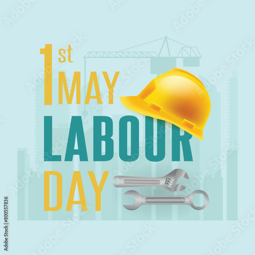 Labour day or international workers' day poster template design with Yellow safety hat and construction equipment.