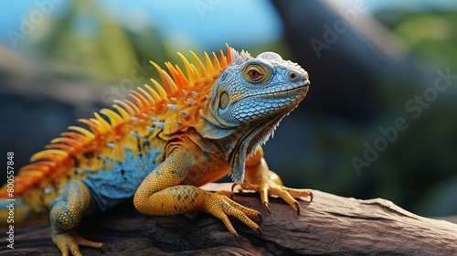 close-up of an iguana with a vibrant orange throat and yellow and blue scales perched on a log.