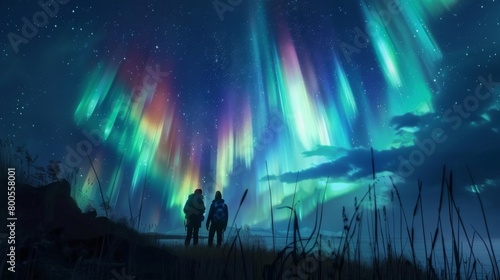 A pair of friends enjoying a night hike beneath the northern lights, their silhouettes framed by the vivid celestial display. © Plaifah