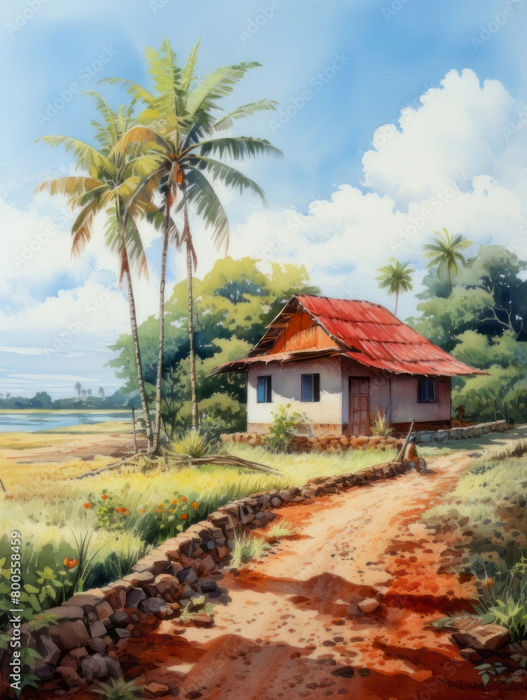 Fototapeta premium Watercolor Thailand landscape painting. Illustration of village in light green and beige tones, the sun setting behind house, soft colors, delicate watercolor