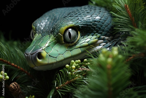 The head of a green snake peeks out from behind the pine branches. Its eyes are yellow and black and its scales are textured. The background is black. Symbol of 2025.