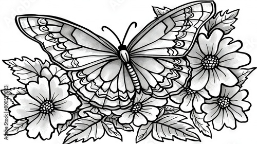 Wallpaper Mural   A B/W illustration featuring a butterfly amidst flowers in the foreground and a butterfly depicted on its rear Torontodigital.ca