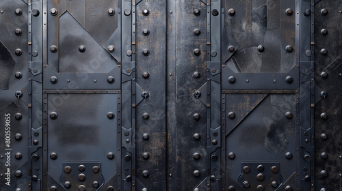 Aged metallic door with a lot of rivets, showcasing a dark and mysterious aesthetic suitable. For electronic music, covers, games, screensaver, illustrations related to historical or fantasy projects