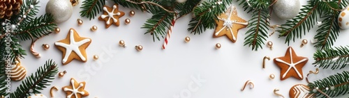 White background decorated with Christmas decorations, including evergreen branches and gingerbread. There are also candies scattered around. Composition with place for text. Christmas and New Year ce