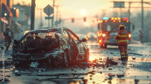 A car accident scene with emergency responders and insurance agents assessing the damage and providing assistance. Highly photo