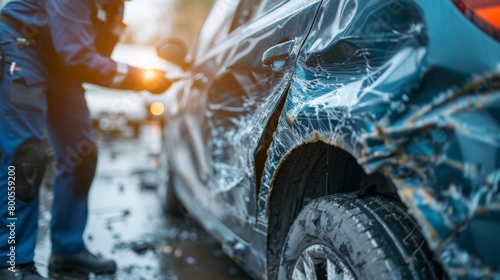 A close-up of a damaged vehicle being inspected by an insurance adjuster, highlighting the process of assessing claims and determining coverage. photo