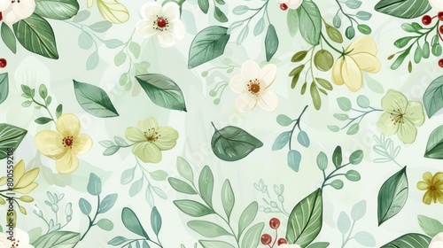 Soft floral pattern with yellow blossoms and green leaves evoking a vintage wallpaper aesthetic
