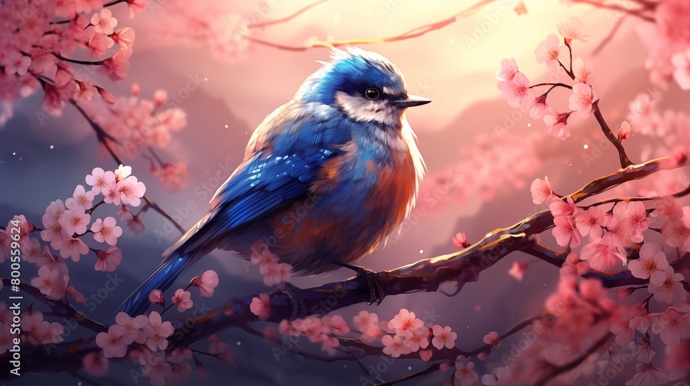 closeup of A solitary bird is nestled amidst cherry blossoms, with the twilight hues casting a serene glow on its vibrant plumage.