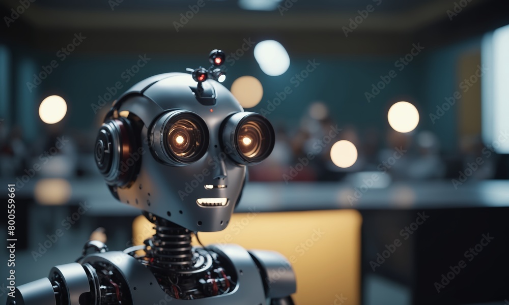 Robot with a Camera accessory on its head is perched on a table Robot with a Camera accessory on its head is perched on a table