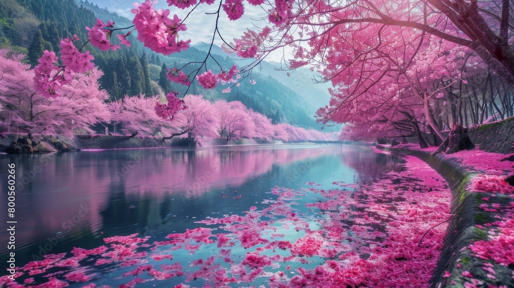 A panoramic view of a sakura-lined riverbank, a breathtaking display of nature's beauty in full bloom.